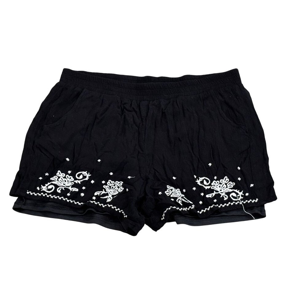 Black Womens Embroidered Shorts With Elastic Waist & Floral Design